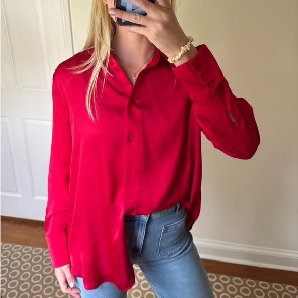 Red Satin Button Down Blouse - Picture 1 of 6